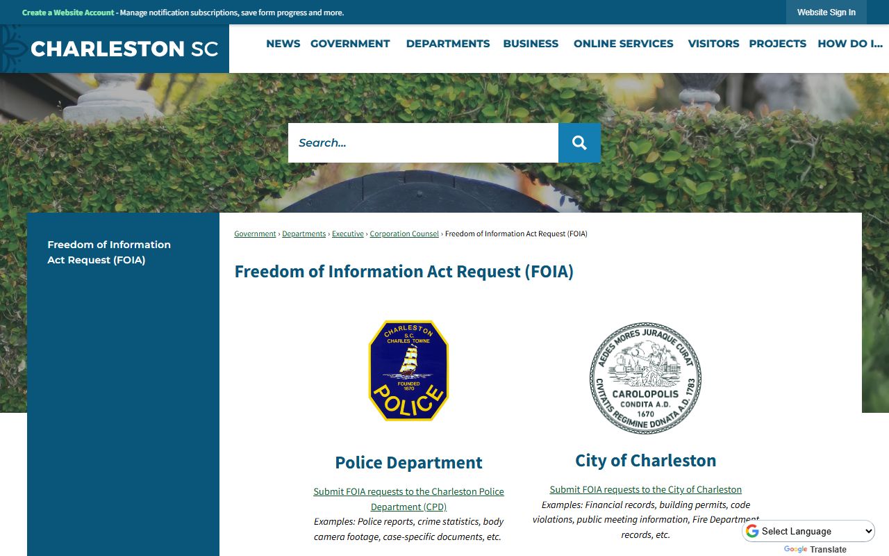 Charleston Police Department public records and FOIA page for accessing records related to sex offender cases