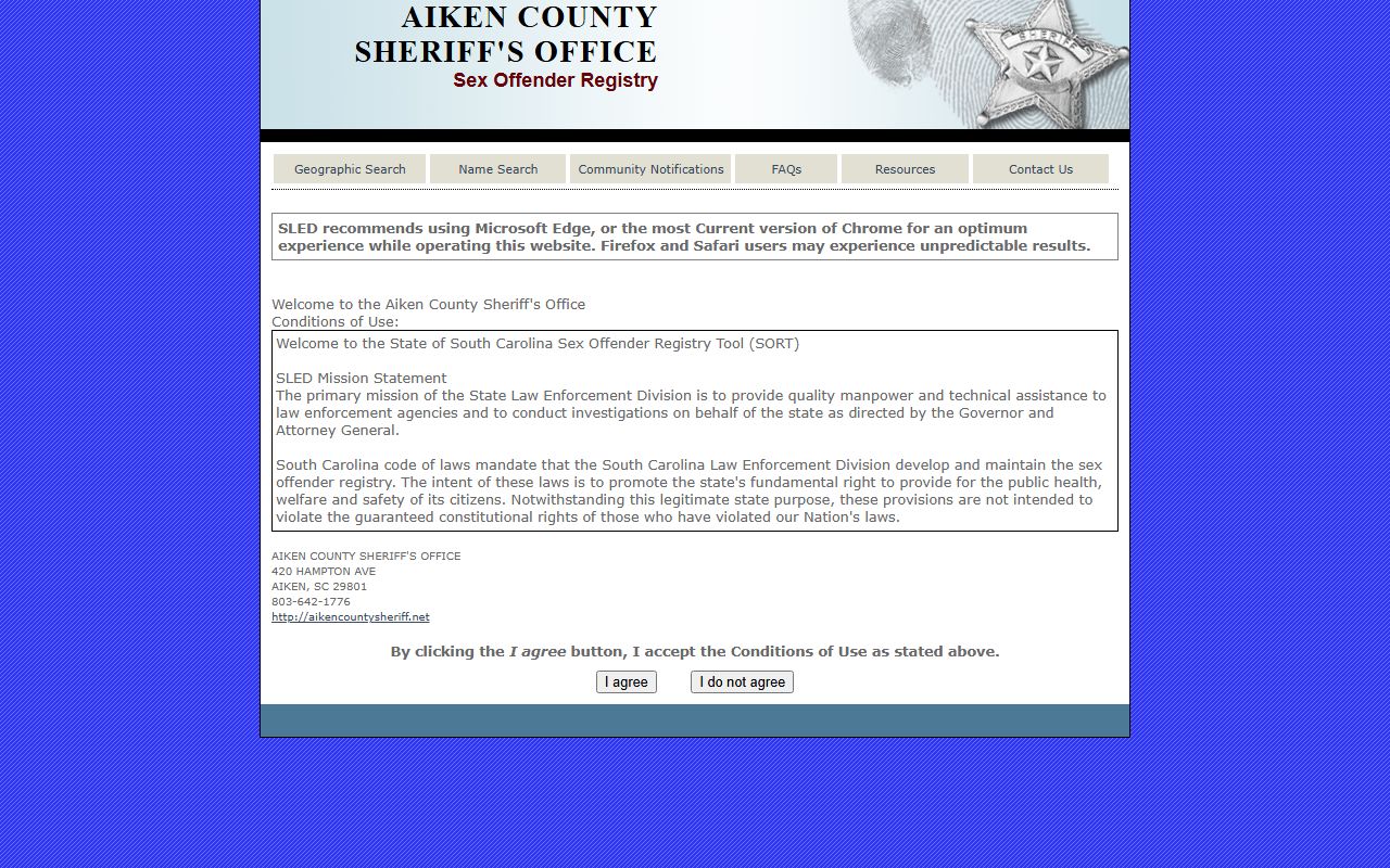 aiken County sex offender registry SLED SORT search