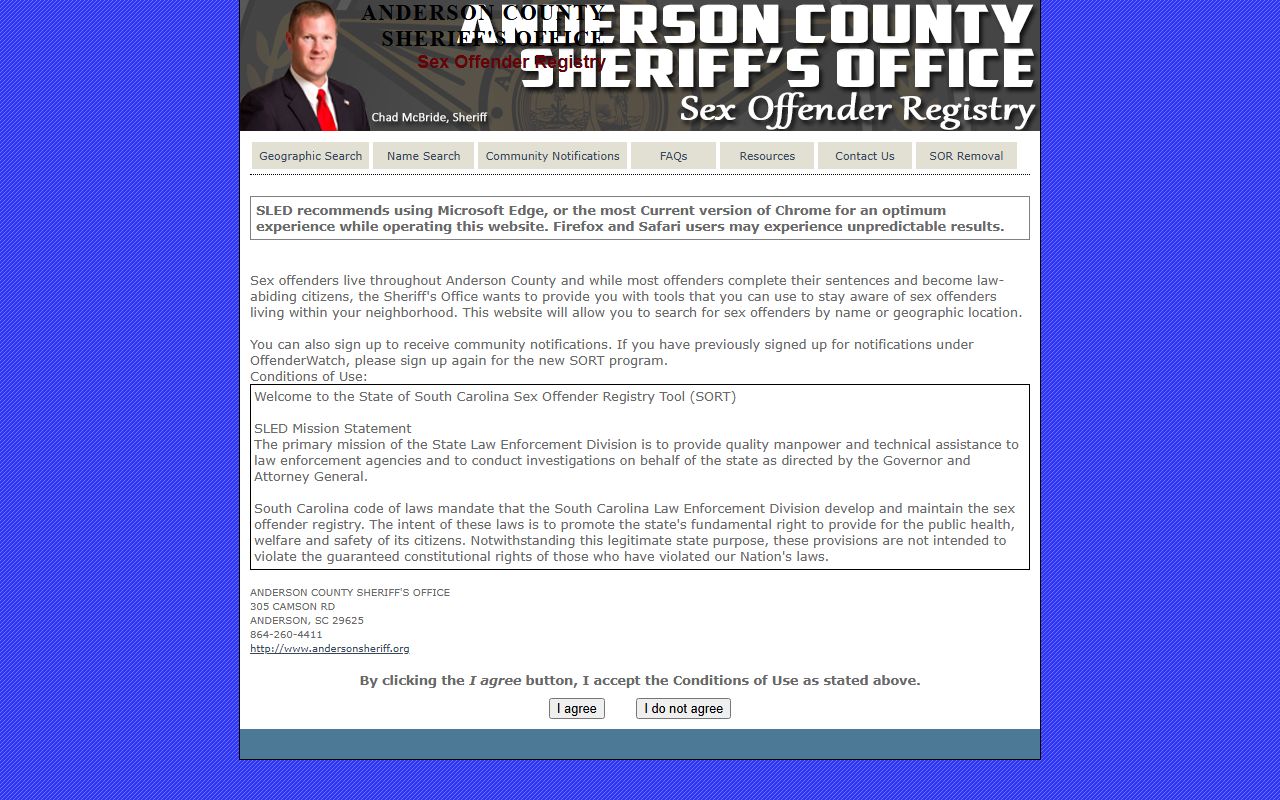 anderson County sex offender registry SLED SORT search