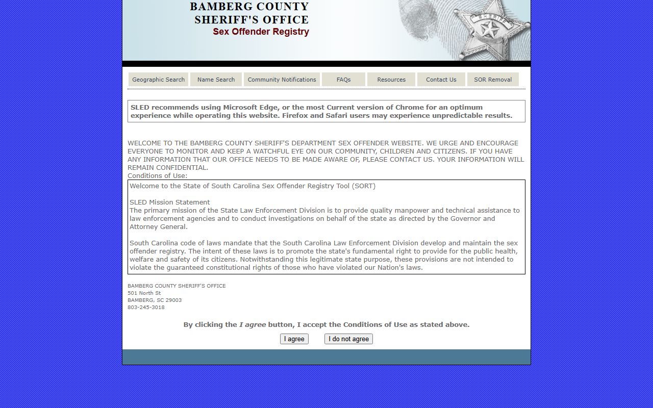 bamberg County sex offender registry SLED SORT