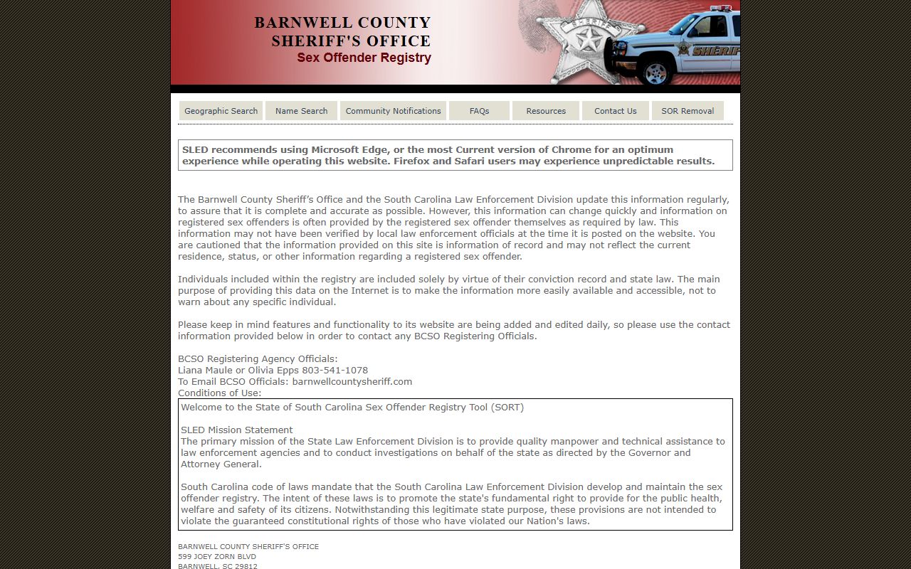 barnwell County sex offender registry SLED SORT