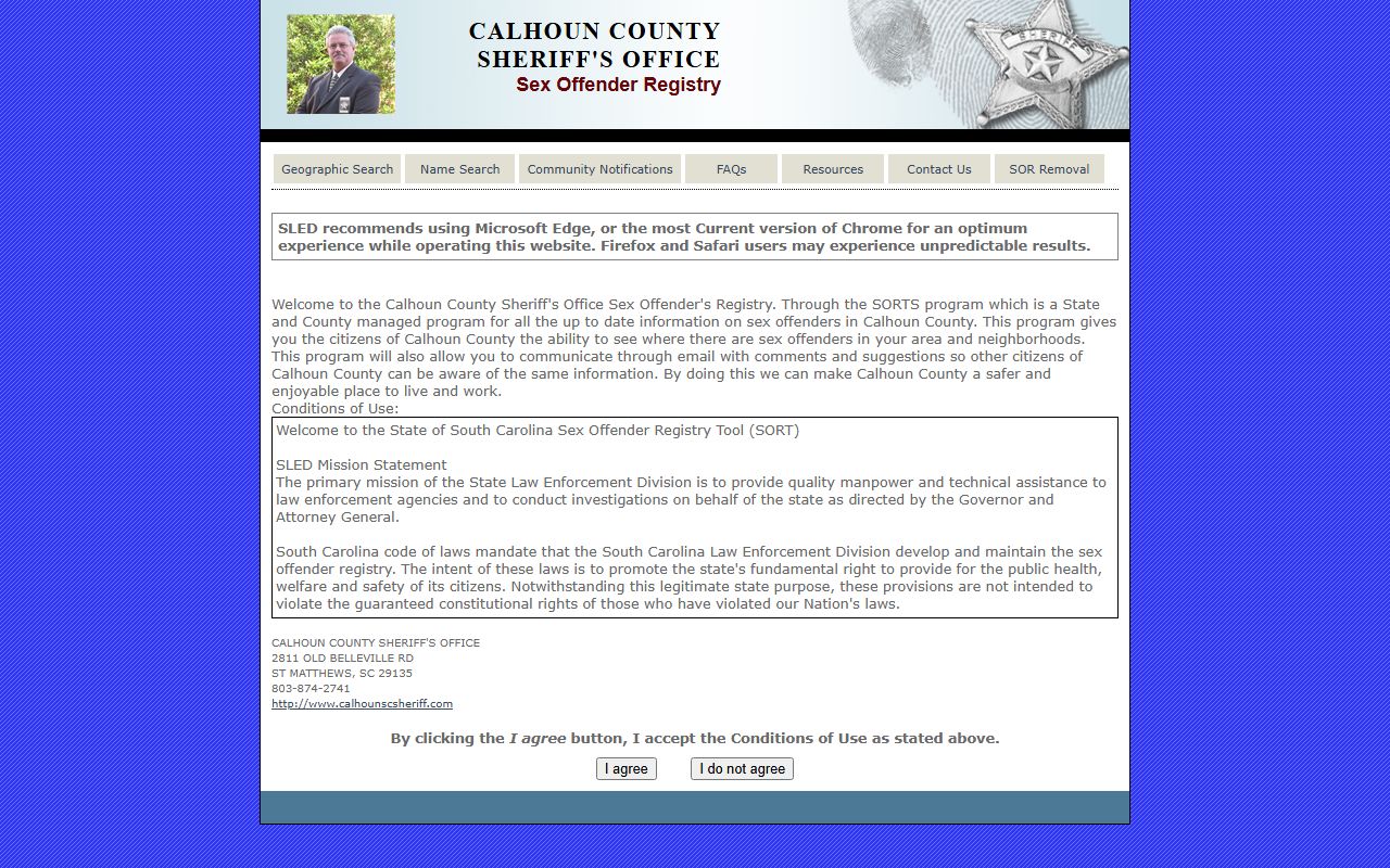 calhoun county sex offender registry SLED SORT search tool