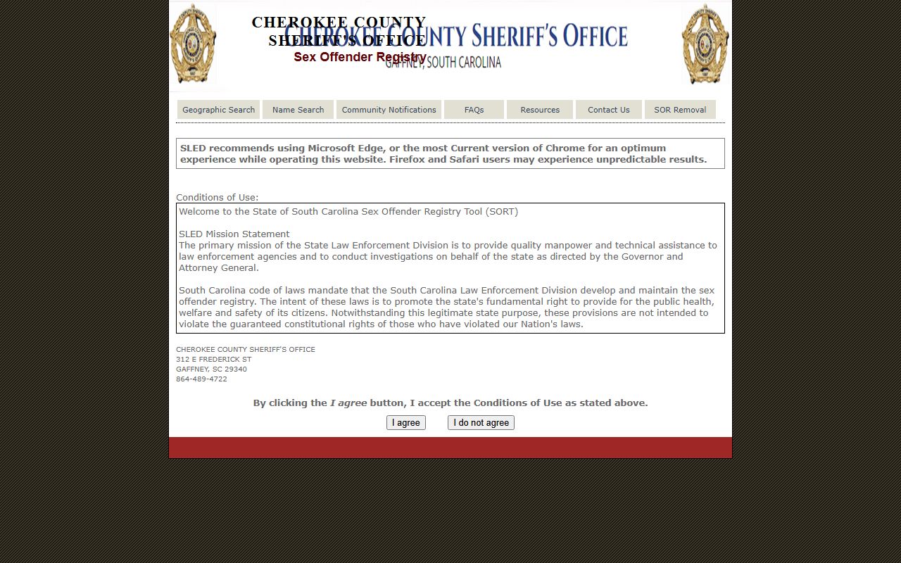 cherokee county sex offender registry SLED SORT search tool