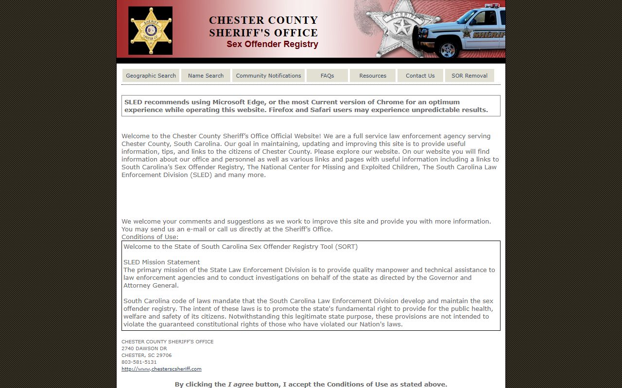 chester county sex offender registry SLED SORT search