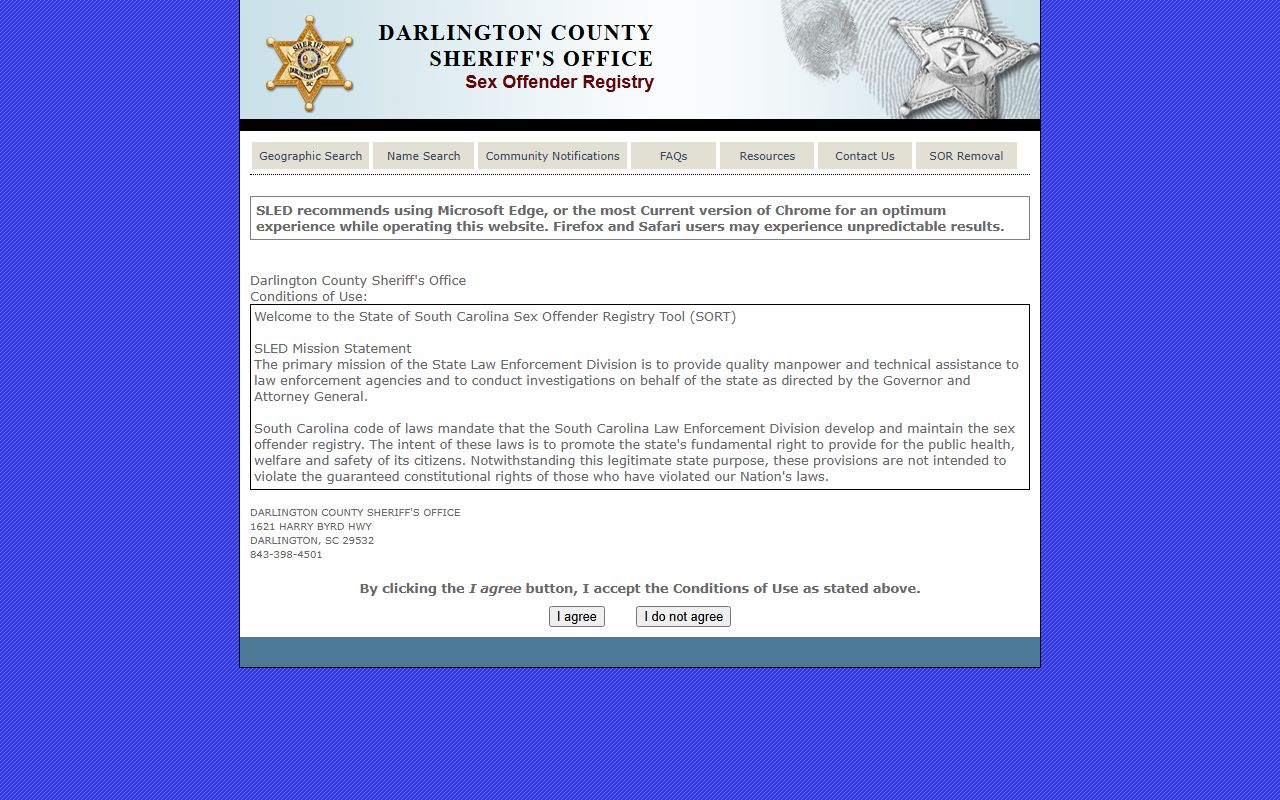 darlington county sex offender registry SLED SORT search tool