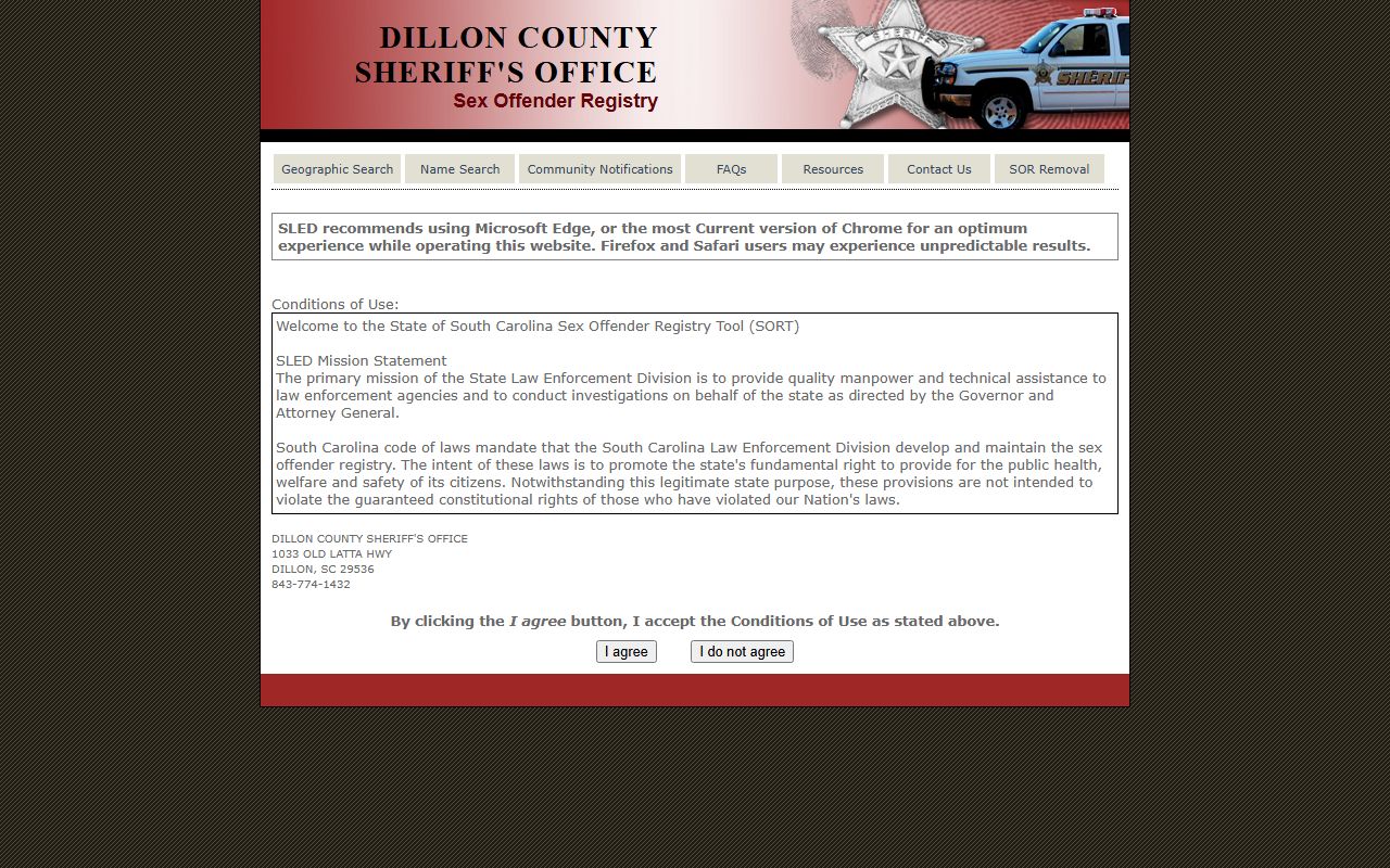 Dillon County sex offender SORT registry search portal
