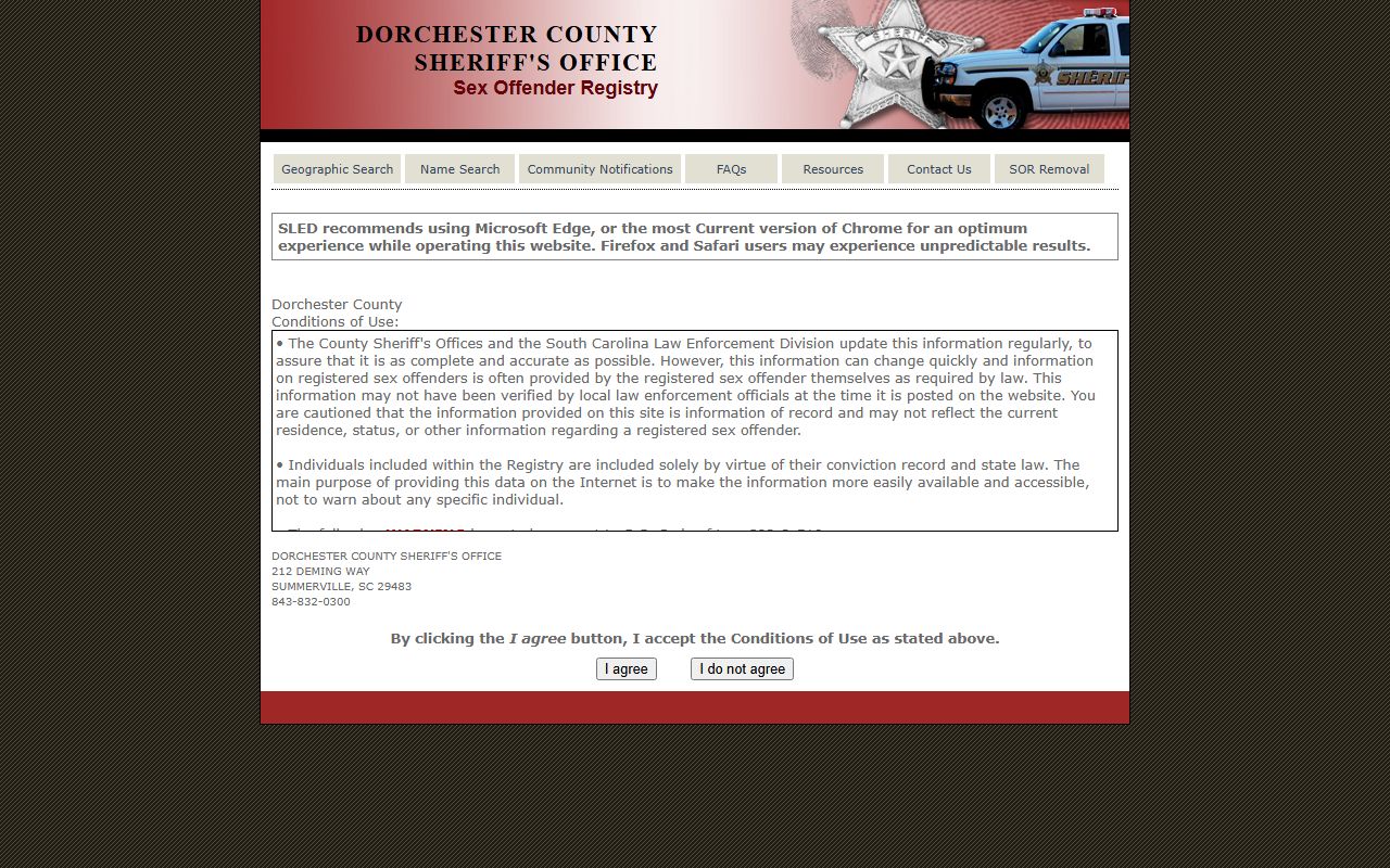Dorchester County sex offender SORT registry search tool
