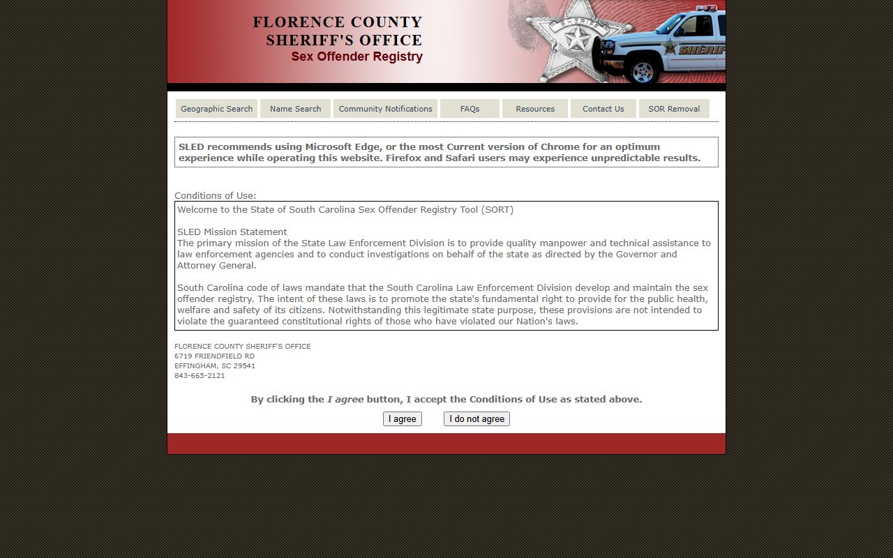 Florence County sex offender SORT registry search portal