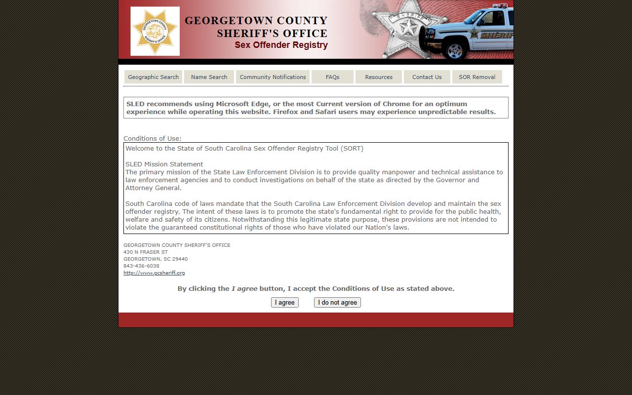 Georgetown County sex offender SORT registry search tool