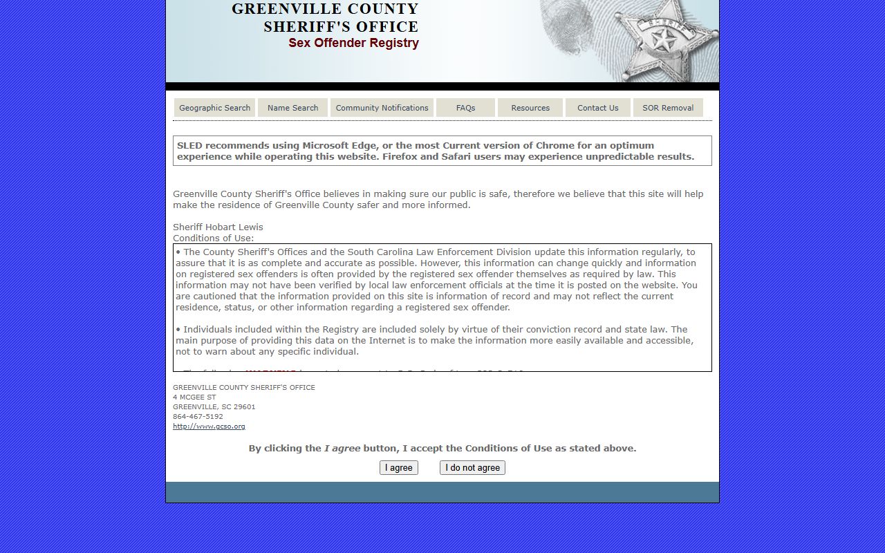 Greenville County sex offender SORT registry search portal