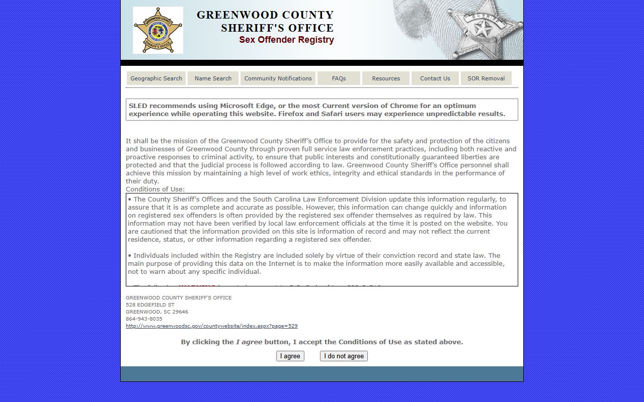 Greenwood County SLED SORT sex offender registry portal