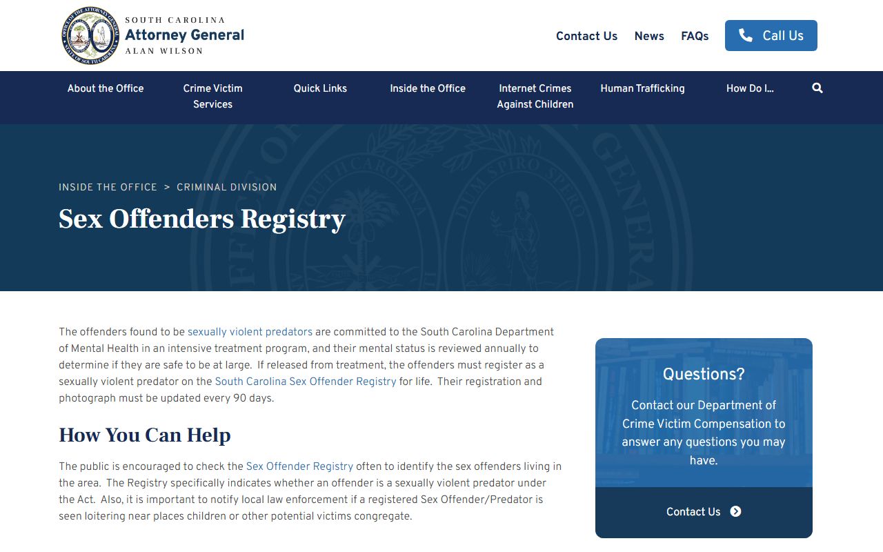 South Carolina Attorney General sex offender registry resources page