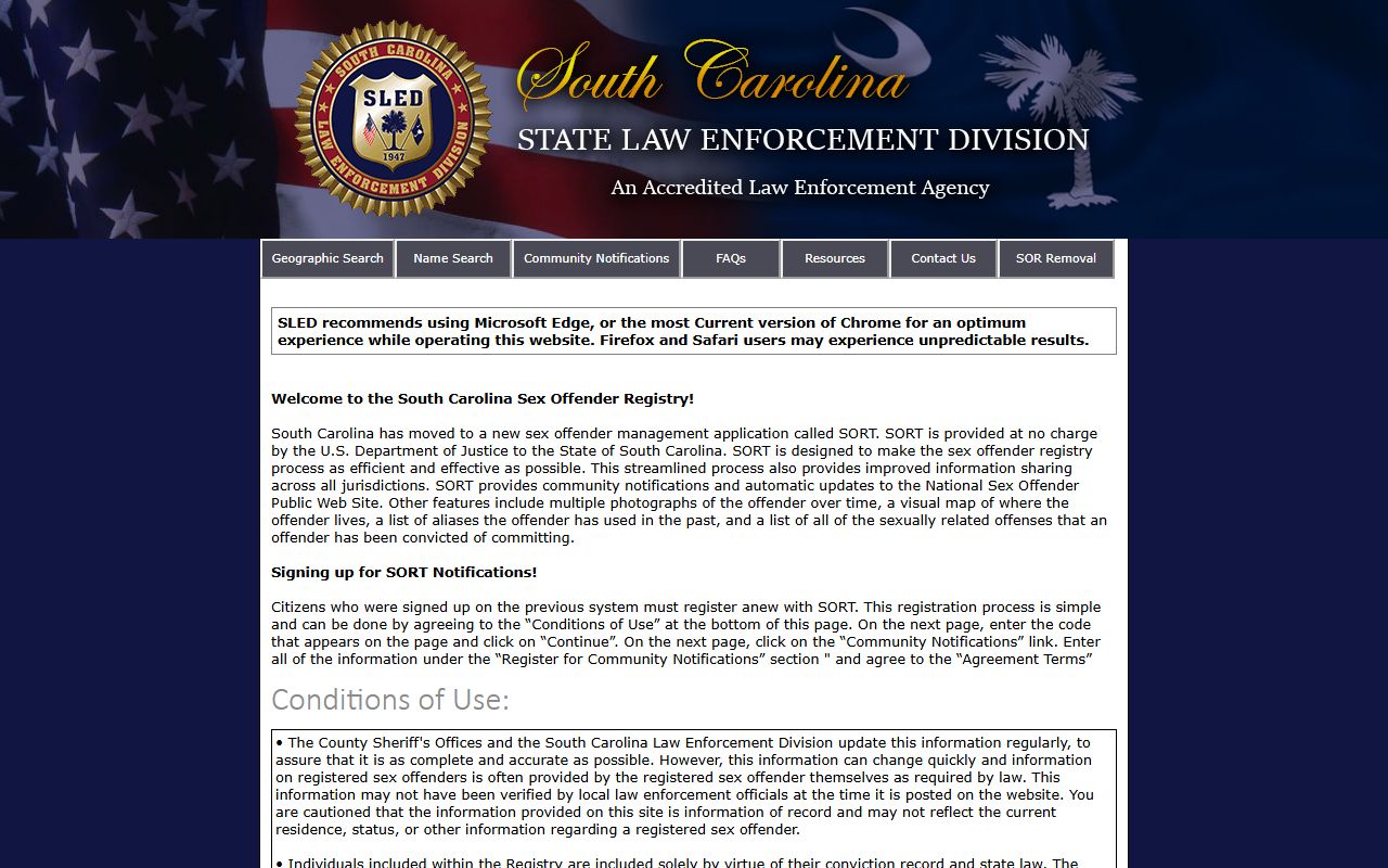 South Carolina sex offender registry SLED SORT search interface